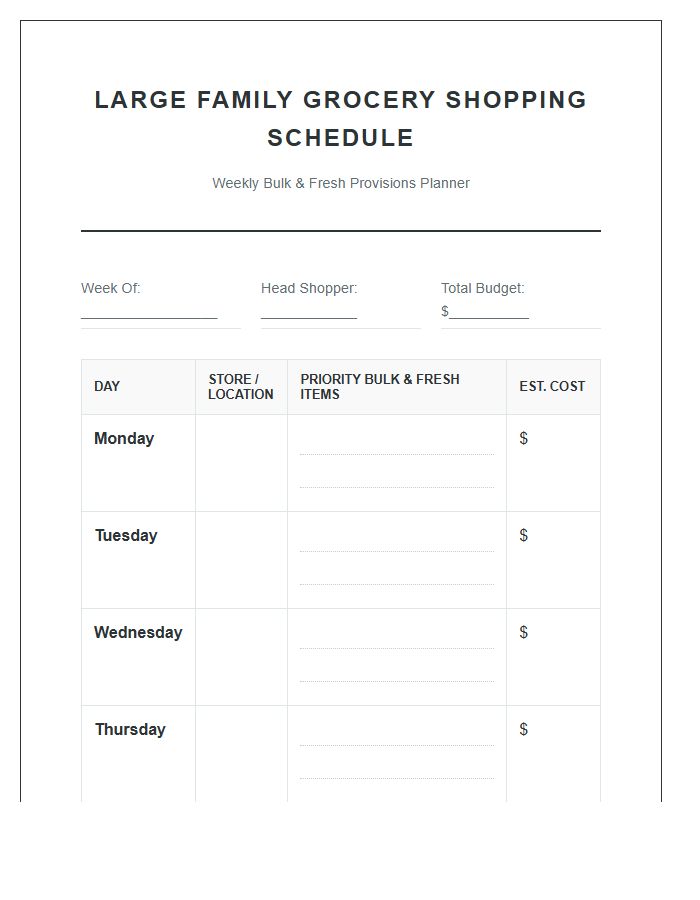 Large Family Grocery Shopping Schedule Printable Chart