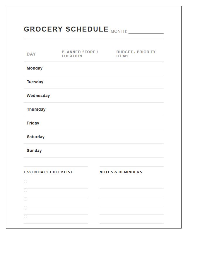 Minimalist Grocery Shopping Schedule Printable Chart