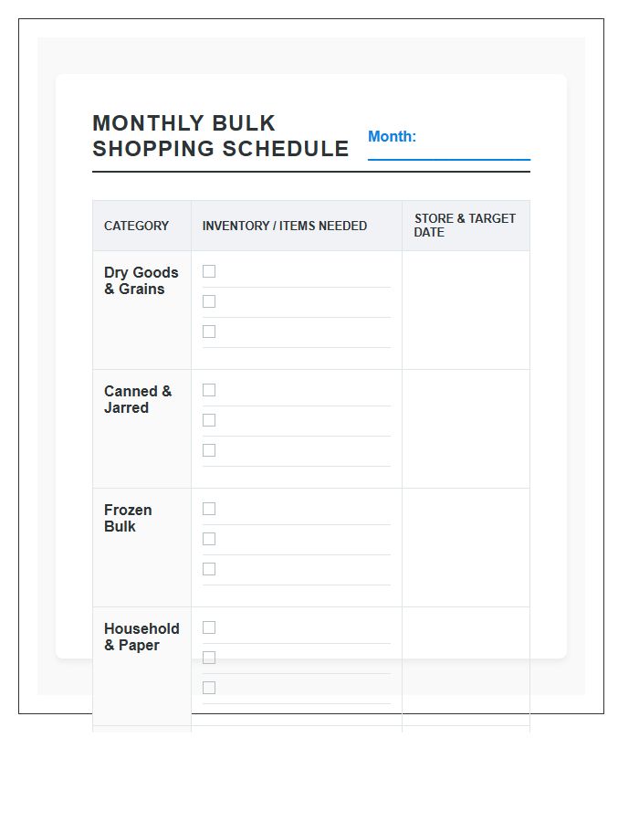 Monthly Bulk Grocery Shopping Schedule Printable Chart