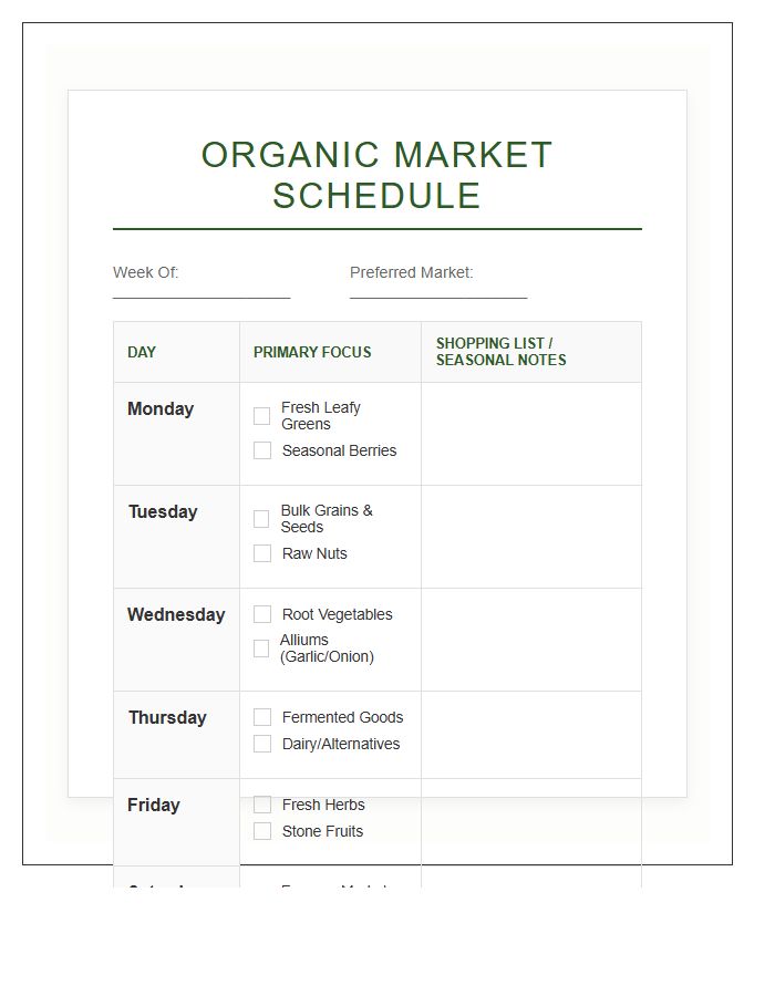 Organic Food Grocery Shopping Schedule Printable Chart
