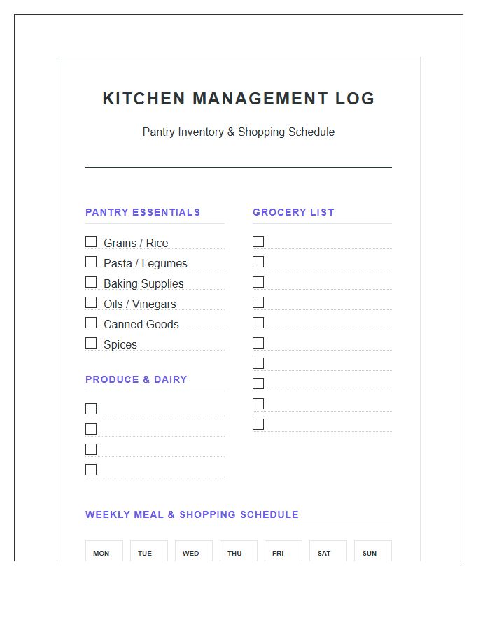 Pantry Inventory Grocery Shopping Schedule Printable Chart