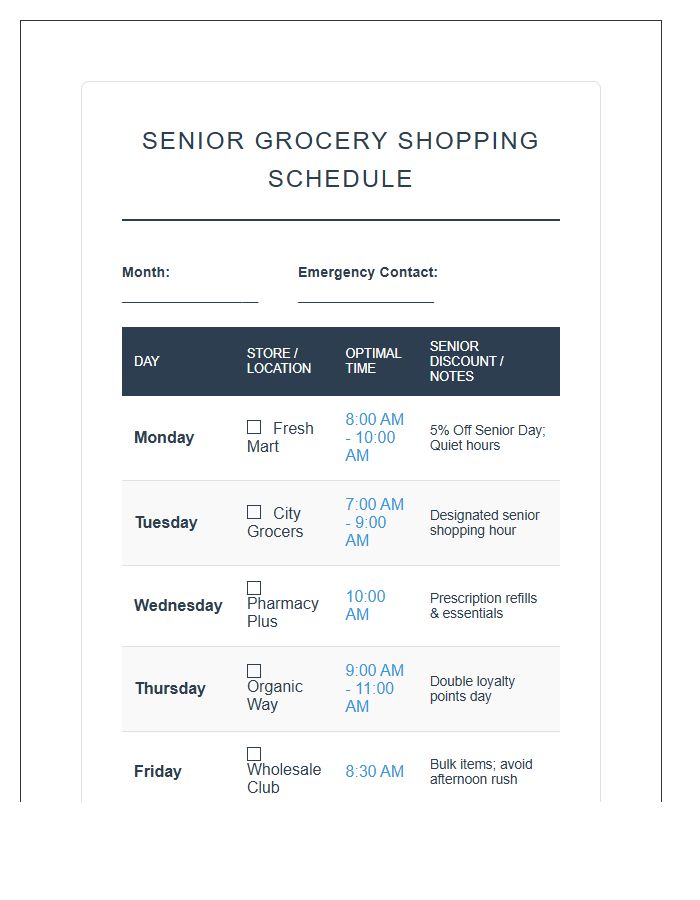 Senior Citizen Grocery Shopping Schedule Printable Chart
