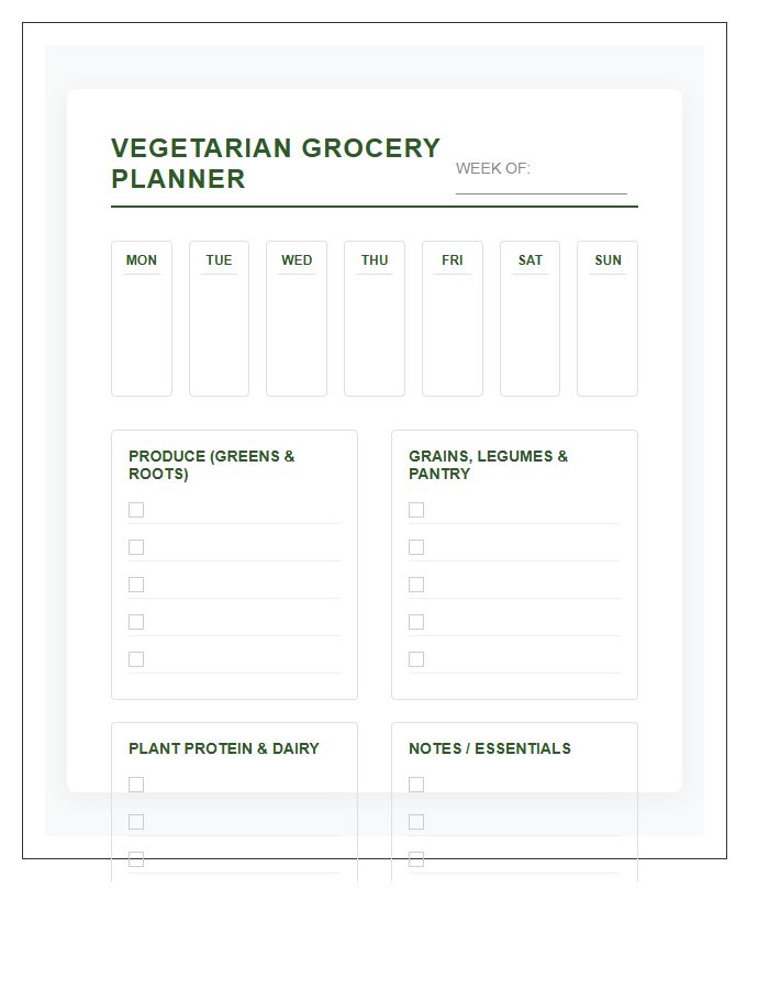 Vegetarian Grocery Shopping Schedule Printable Chart