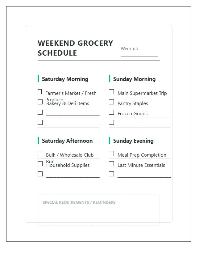 Weekend Grocery Shopping Schedule Printable Chart