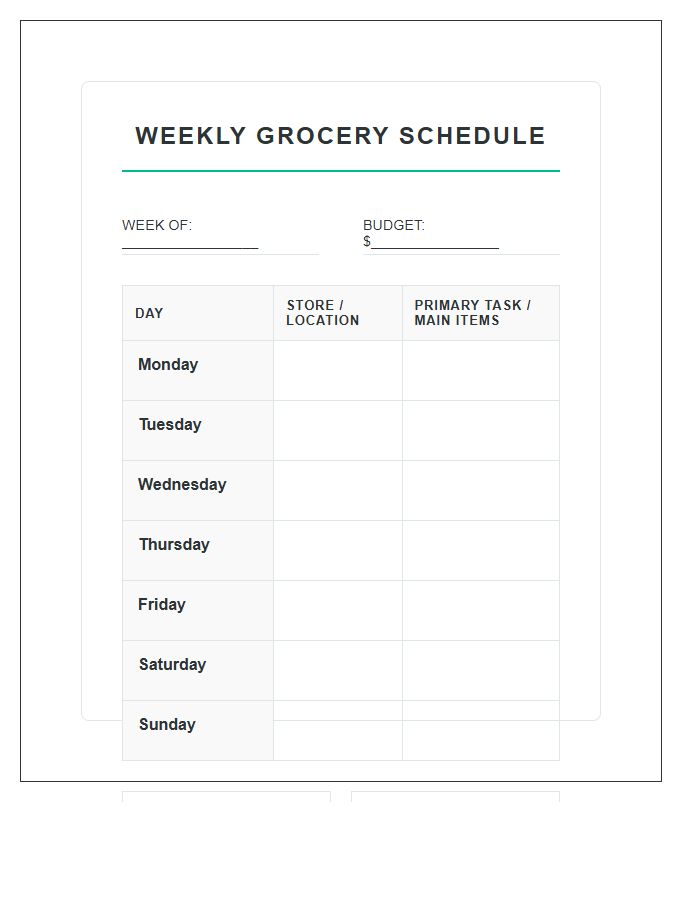 Weekly Family Grocery Shopping Schedule Printable Chart