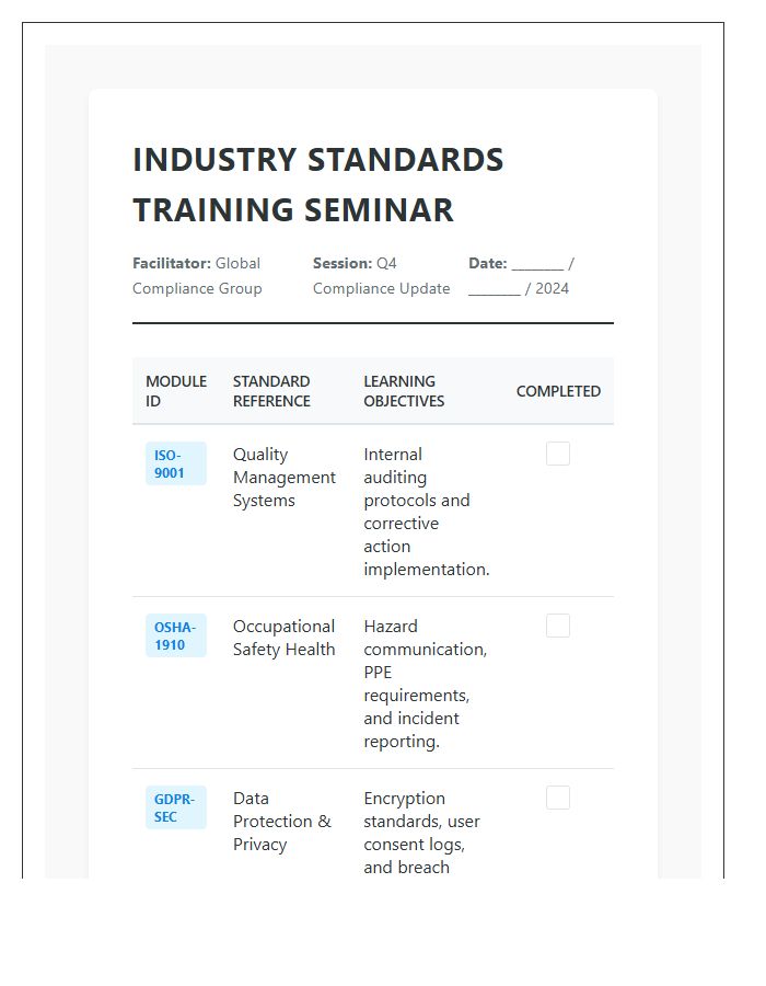 Industry Standards Training Seminar Printable Chart