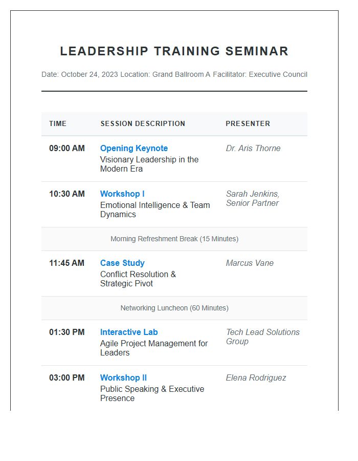 Leadership Training Seminar Schedule Printable Chart