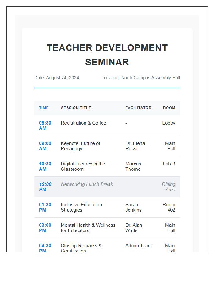 Teacher Development Seminar Schedule Printable Chart