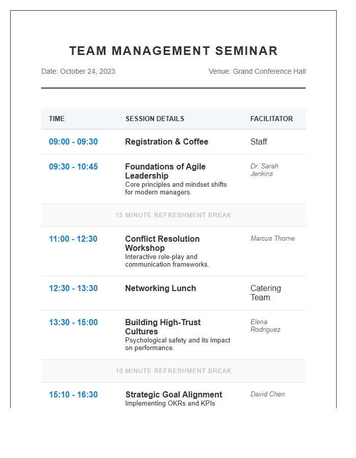 Team Management Seminar Schedule Printable Chart