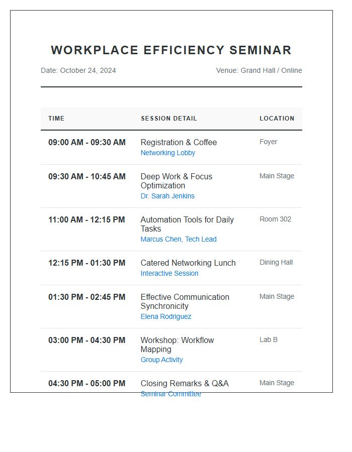 Workplace Efficiency Seminar Schedule Printable Chart