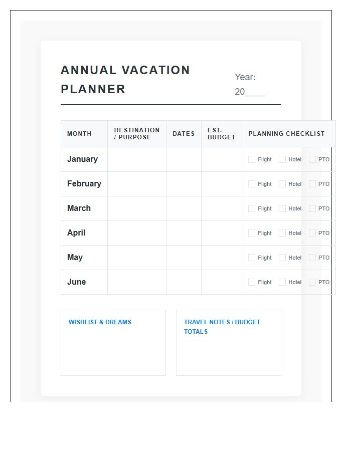 Annual Vacation Planning Printable Tracker Chart