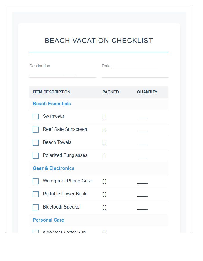 Beach Vacation Planning Printable Checklist Chart