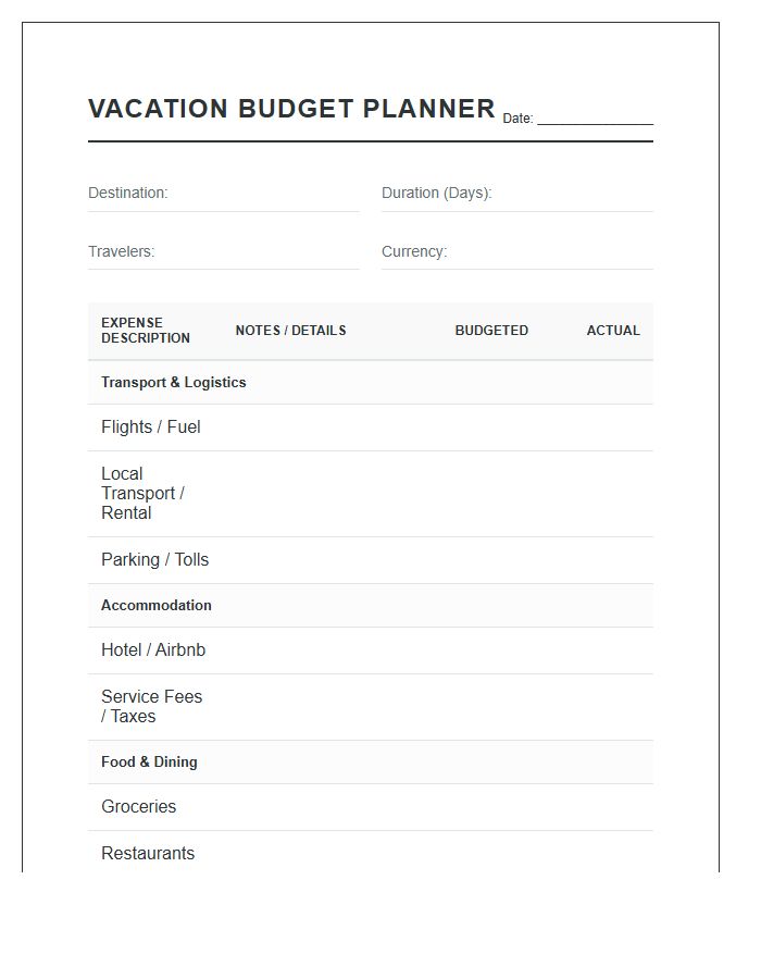 Budget Vacation Planning Printable Expense Chart