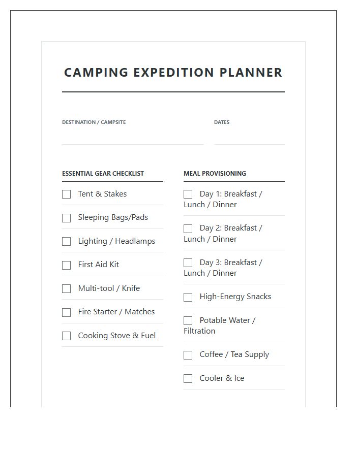 Camping Vacation Planning Printable Organizer Chart