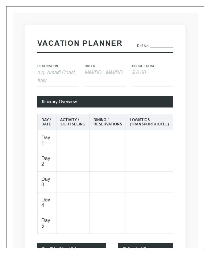 Comprehensive Vacation Planning Printable Planner Chart