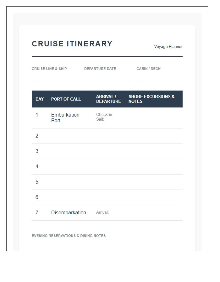 Cruise Vacation Planning Printable Itinerary Chart