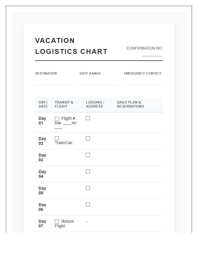 Detailed Vacation Planning Printable Logistics Chart
