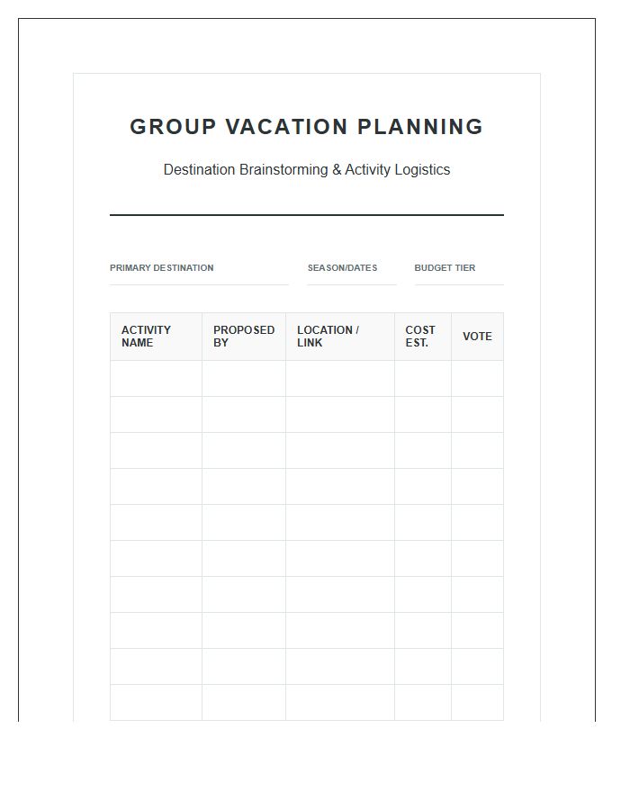 Group Vacation Planning Printable Activity Chart