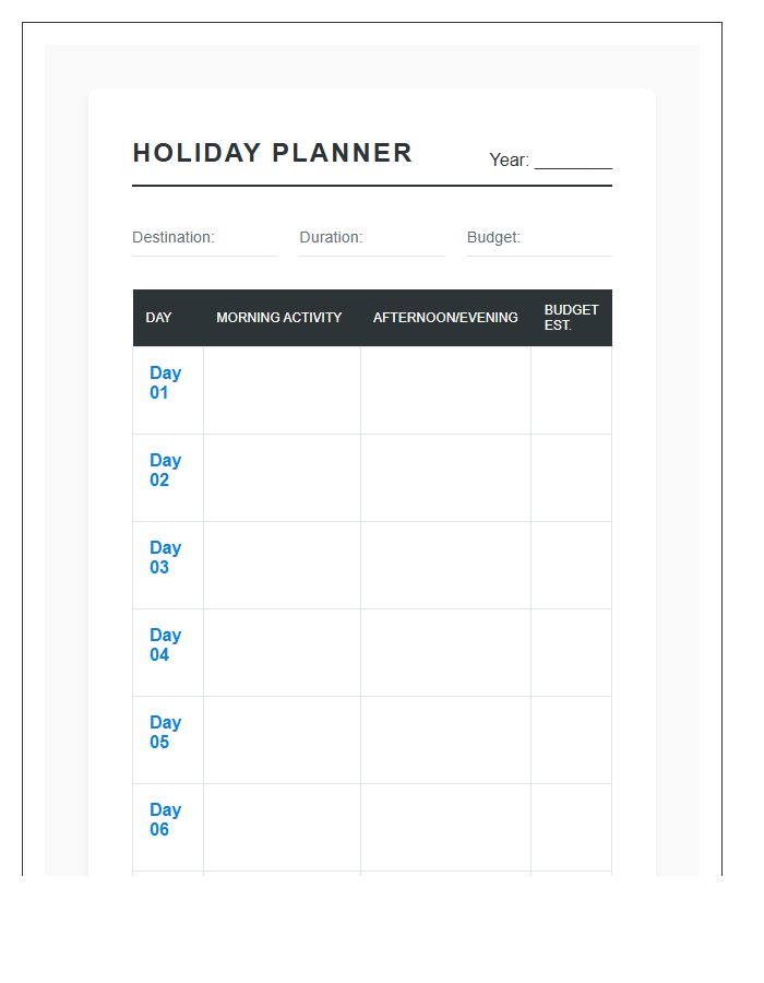 Holiday Vacation Planning Printable Calendar Chart