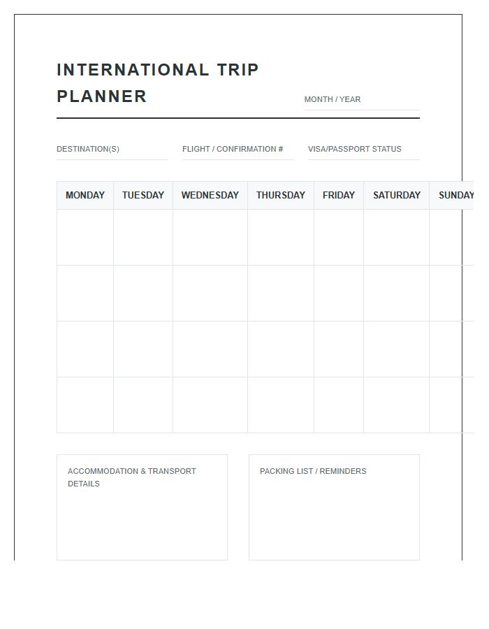 International Trip Planning Printable Calendar Chart