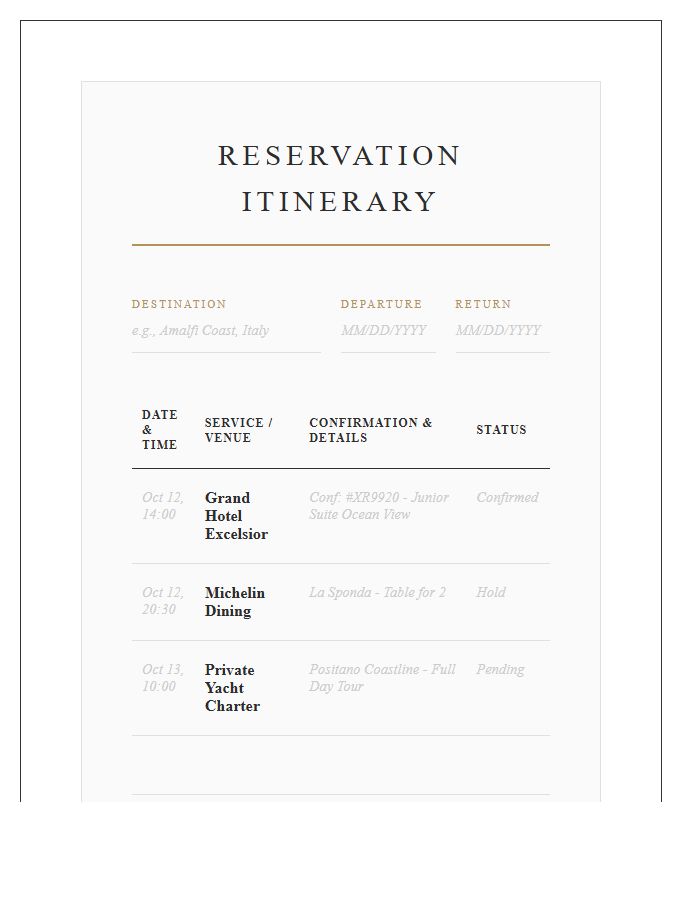 Luxury Vacation Planning Printable Reservation Chart