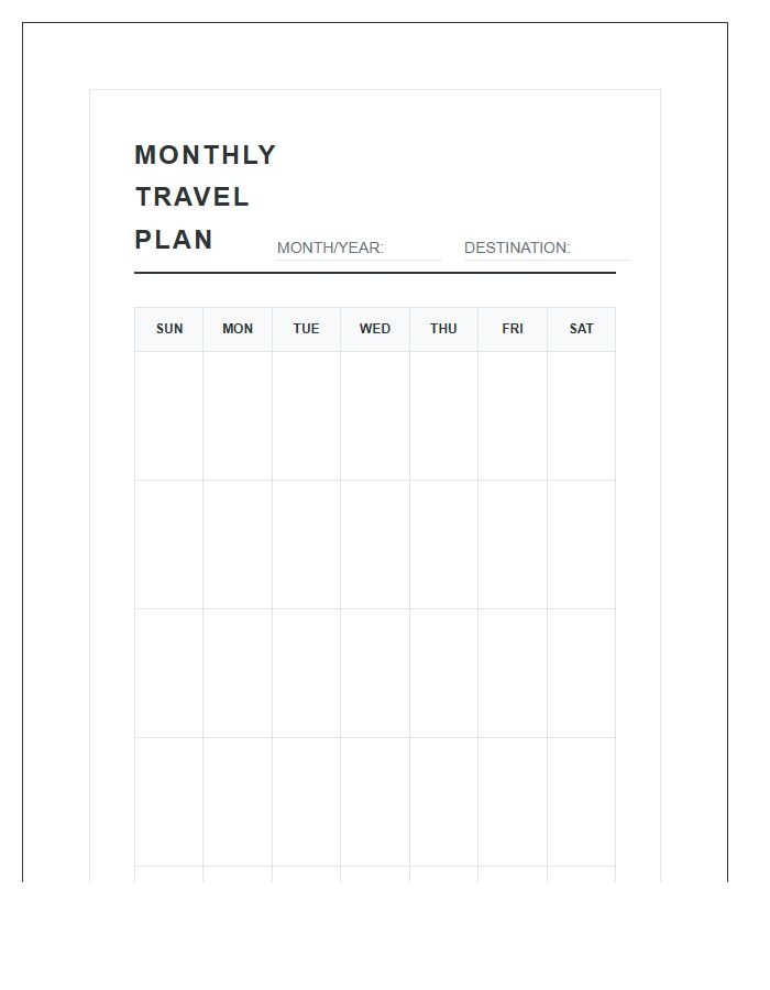 Monthly Travel Planning Printable Calendar Chart