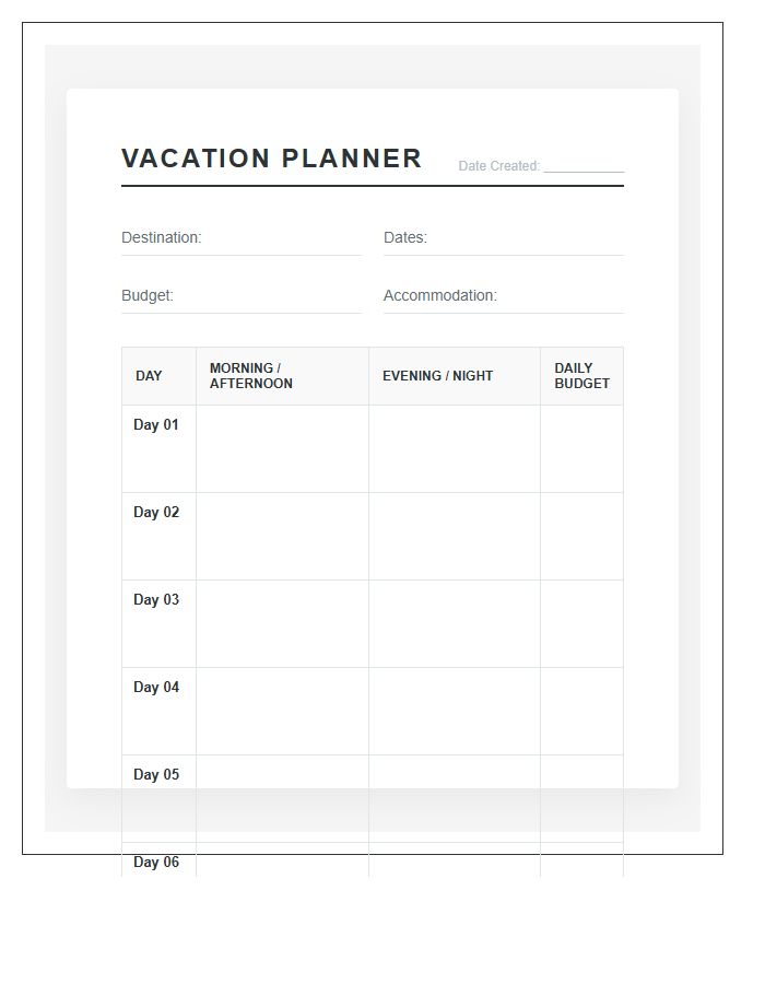 Simple Vacation Planning Printable Layout Chart