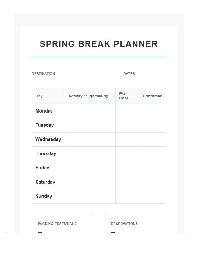 Spring Break Vacation Planning Printable Chart