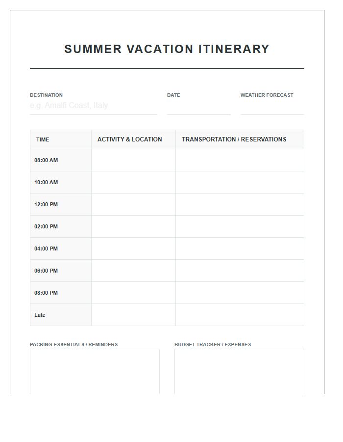 Summer Vacation Planning Printable Schedule Chart