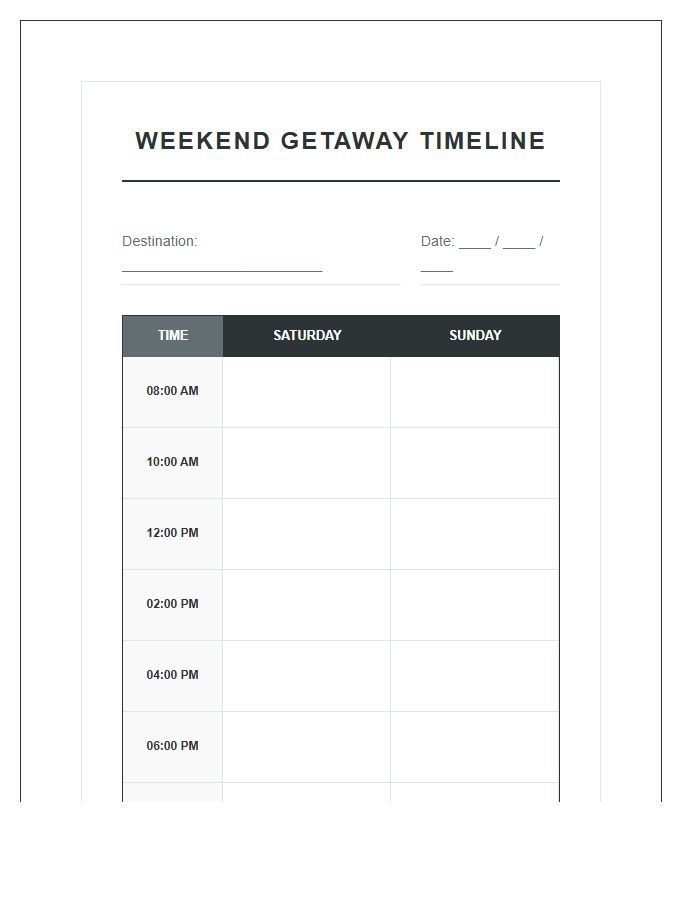 Weekend Vacation Planning Printable Timeline Chart