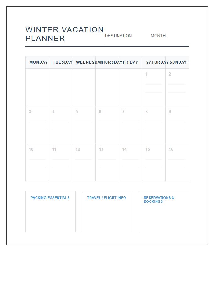 Winter Vacation Planning Printable Calendar Chart