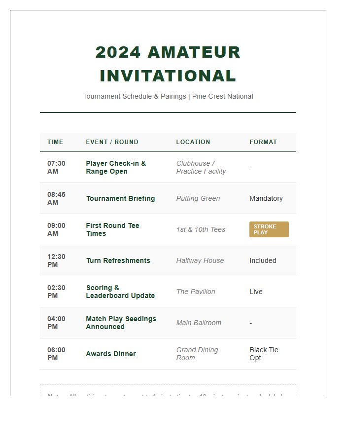 Amateur Golf Tournament Schedule Printable Chart