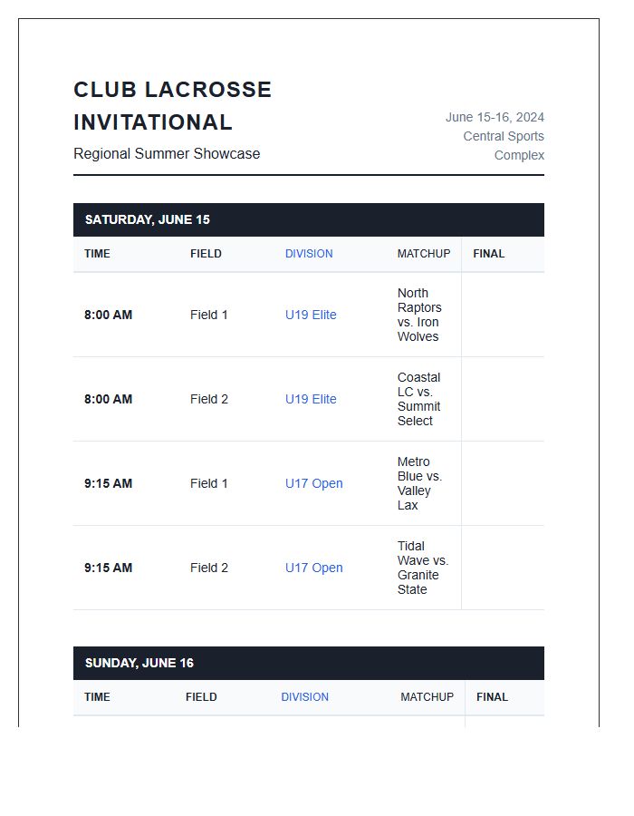 Club Lacrosse Tournament Schedule Printable Chart