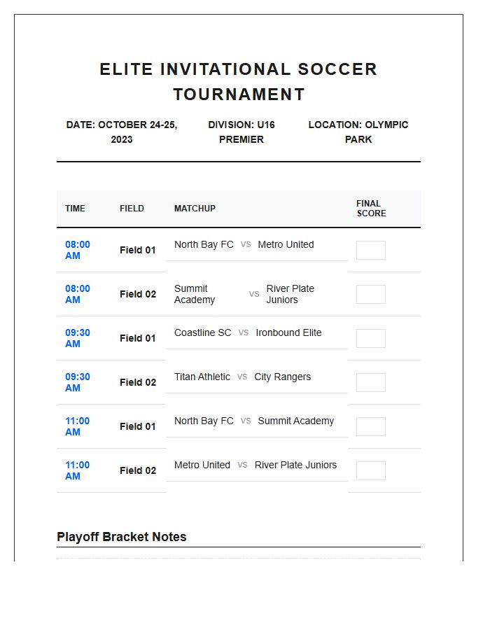 Competitive Soccer Tournament Schedule Printable Chart