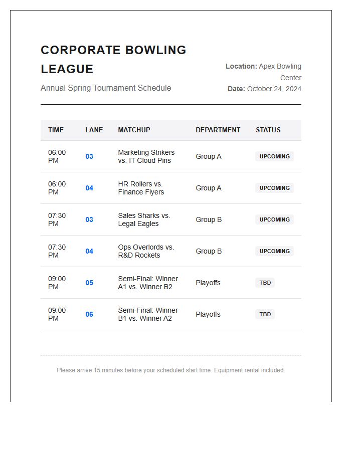 Corporate Bowling Tournament Schedule Printable Chart