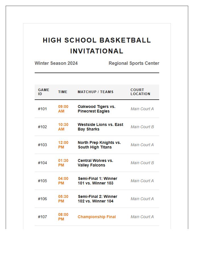 High School Basketball Tournament Schedule Printable Chart