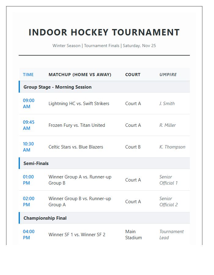 Indoor Hockey Tournament Schedule Printable Chart