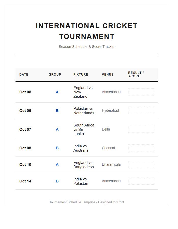 International Cricket Tournament Schedule Printable Chart