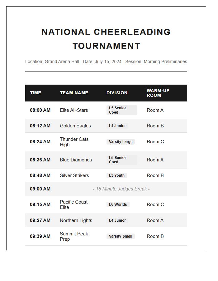 National Cheerleading Tournament Schedule Printable Chart