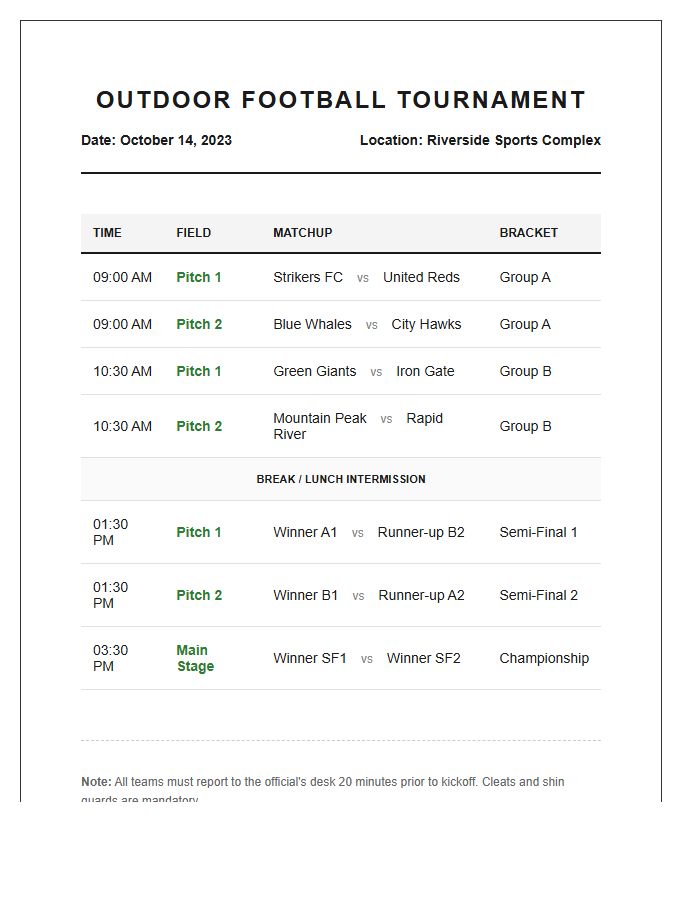 Outdoor Football Tournament Schedule Printable Chart