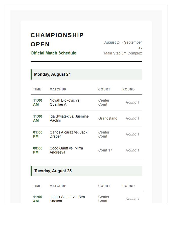 Professional Tennis Tournament Schedule Printable Chart