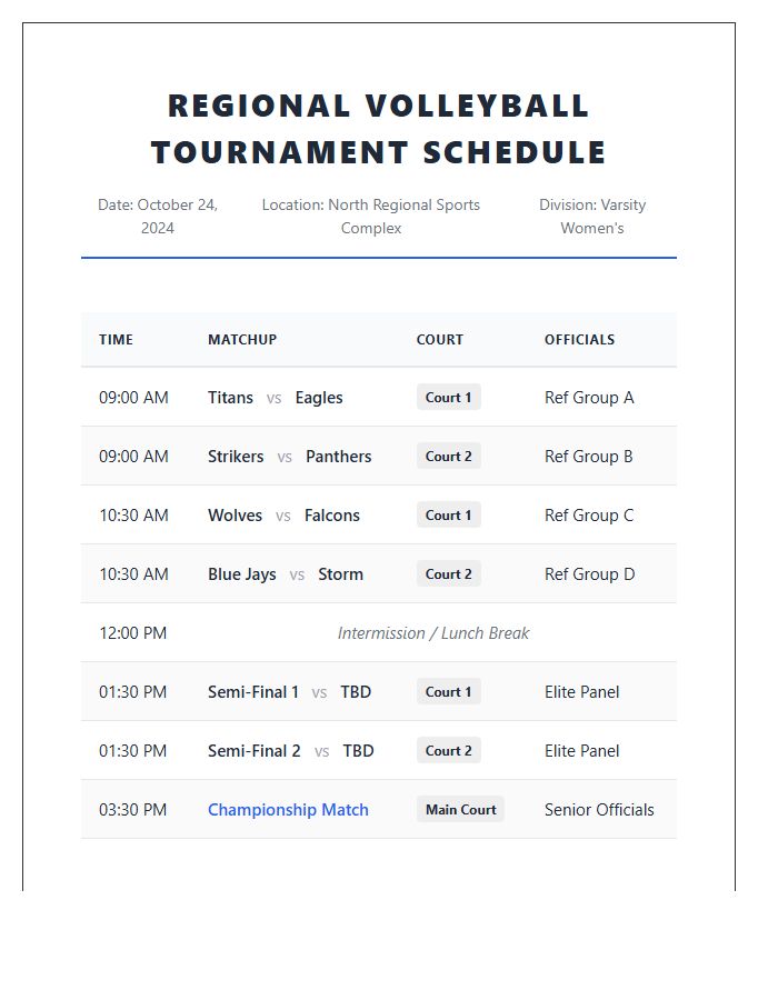 Regional Volleyball Tournament Schedule Printable Chart