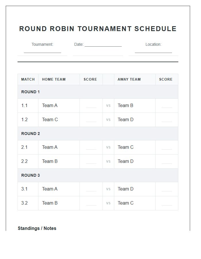 Round Robin Tournament Schedule Printable Chart