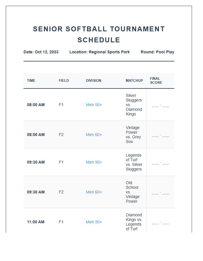 Senior Softball Tournament Schedule Printable Chart