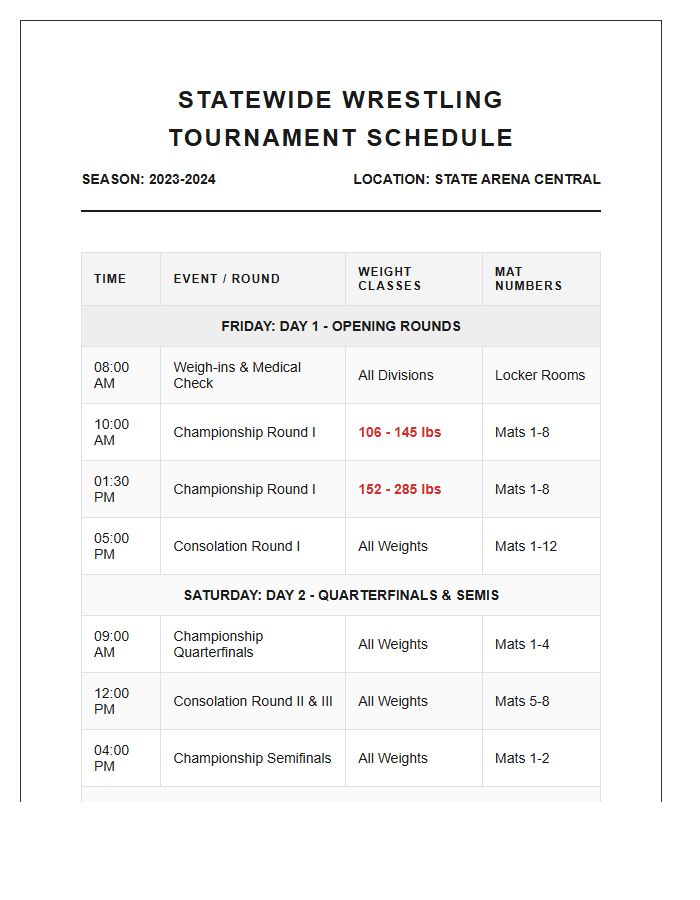 Statewide Wrestling Tournament Schedule Printable Chart