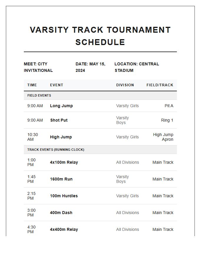 Varsity Track Tournament Schedule Printable Chart