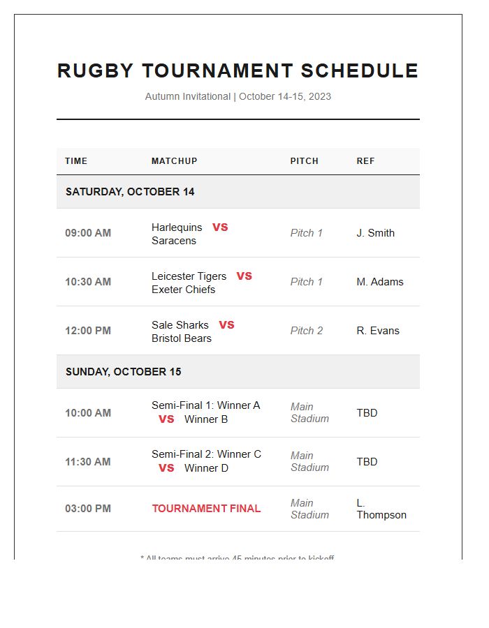 Weekend Rugby Tournament Schedule Printable Chart