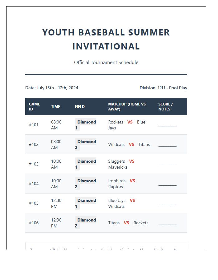 Youth Baseball Tournament Schedule Printable Chart
