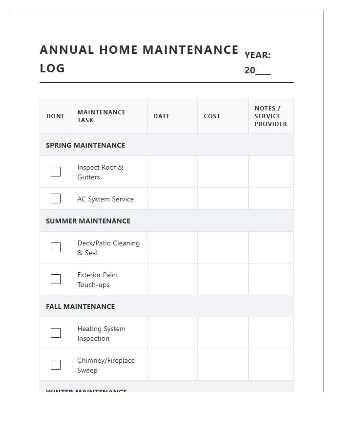 Annual Home Maintenance Log Printable Chart