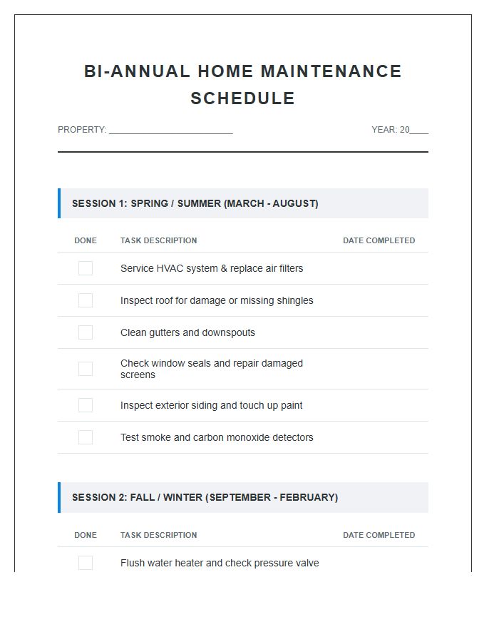 Bi-Annual Home Maintenance Schedule Printable Chart